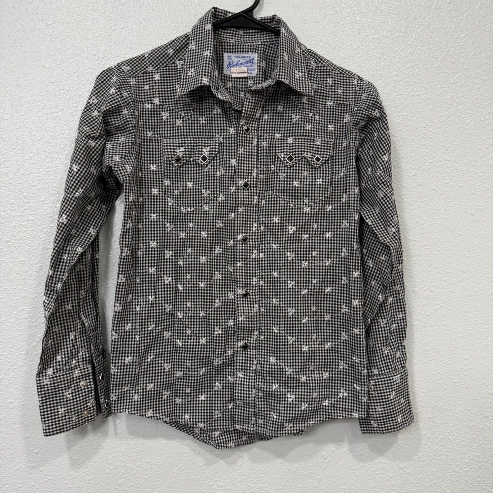 Rockmount Ranch Wear Mens Large Black Gingham Floral Embroidered Western Shirt